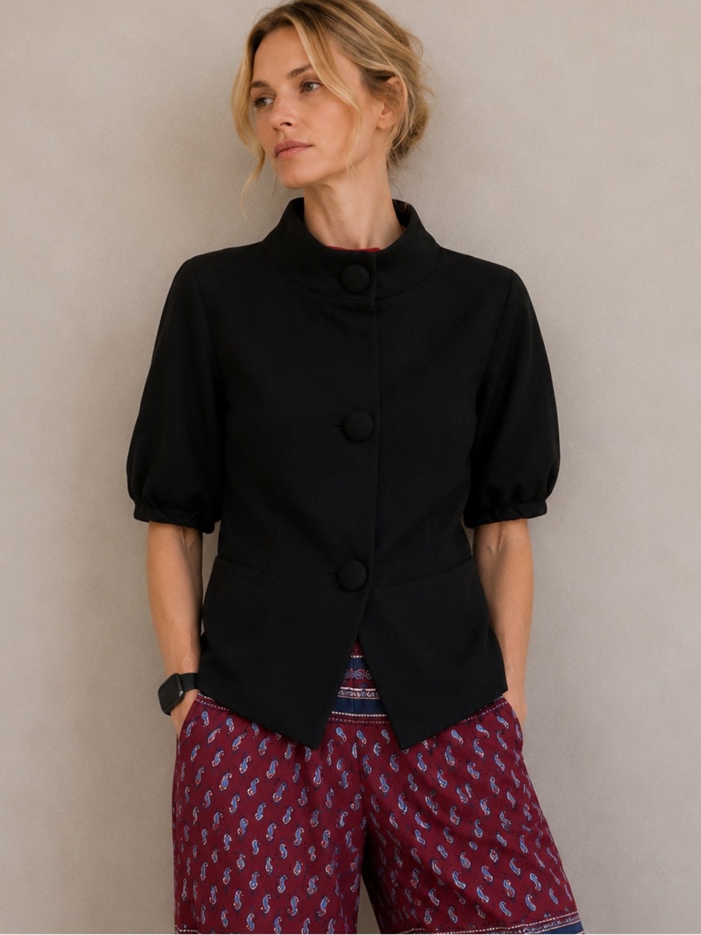 Vintage Worthington Black Crop Mod Short Sleeve Lined Trapeze Blazer Size Medium